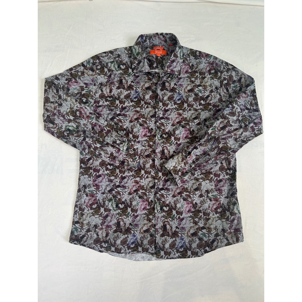 Tallia Mens Floral Button Down Shirt Large 16.5 Stretch Cotton Long Sleeve
